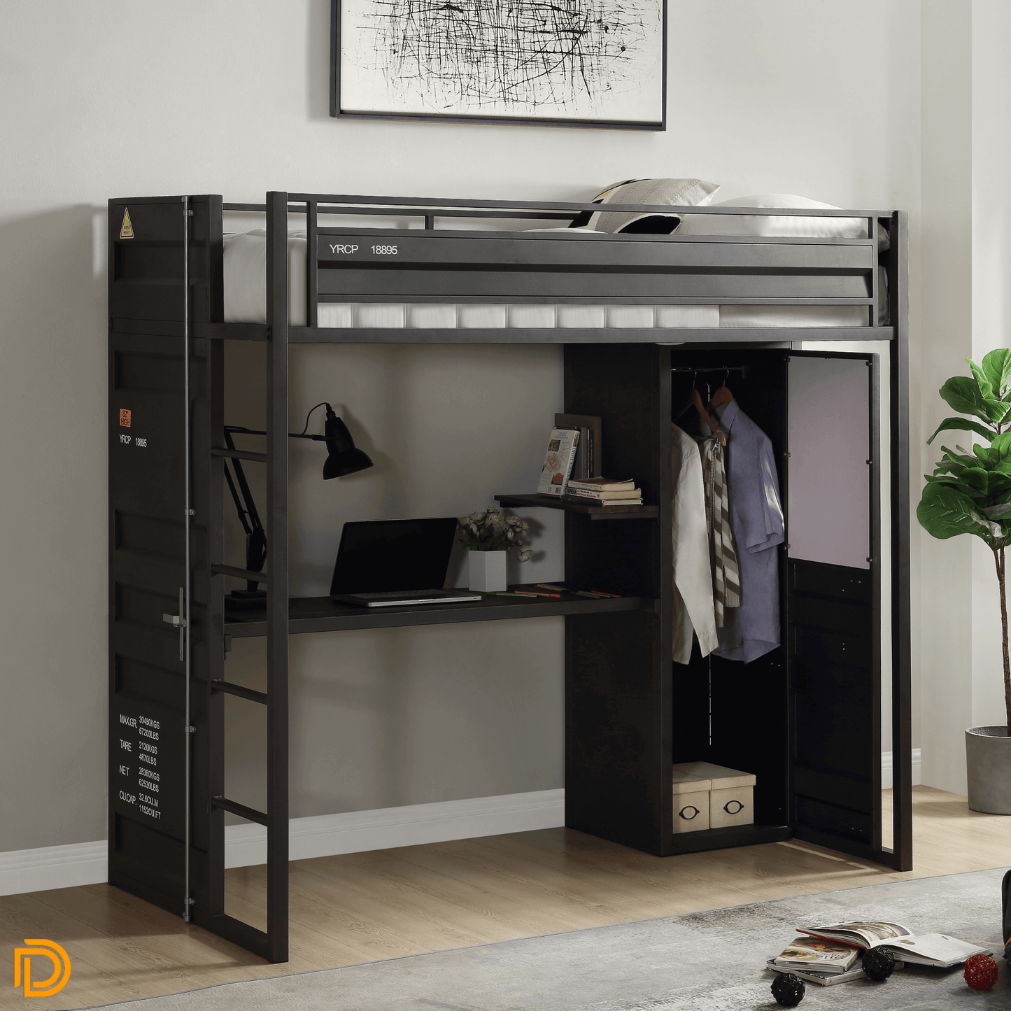 Industrial Style Cargo Twin Loft Bed W/Desk & Wardrobe