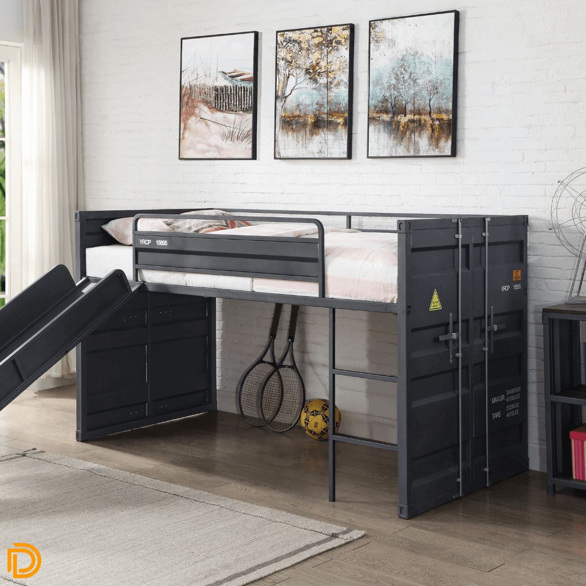 Industrial Style Cargo Twin Loft Bed W/ Slide