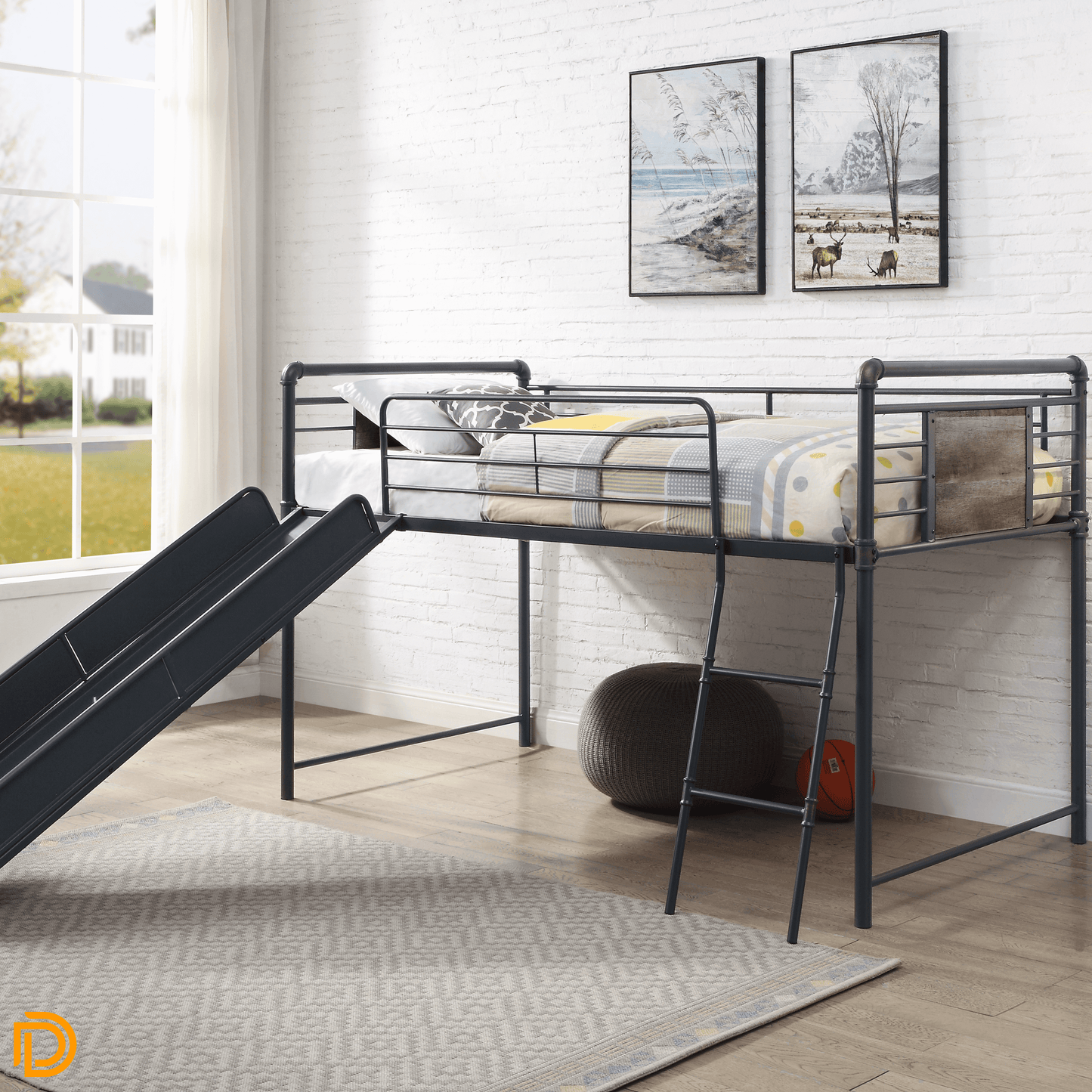 Cordelia Twin Loft Bed W/ Slide Antique Oak & Sandy Black/Dark Bronze Hand-Brushed Finish