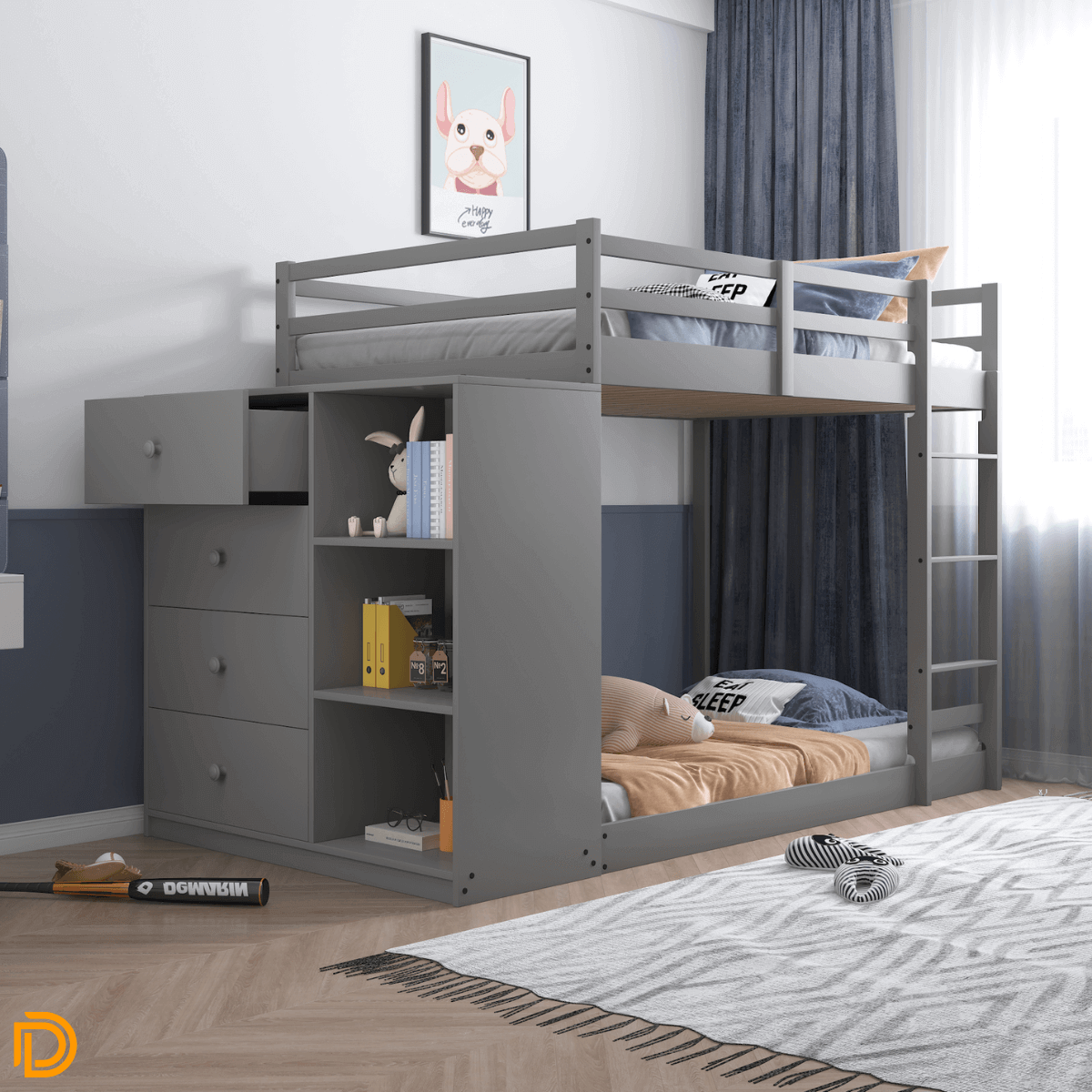 Gaston Twin/Twin Bunk Bed W/ Cabinet Modern Slate Gray