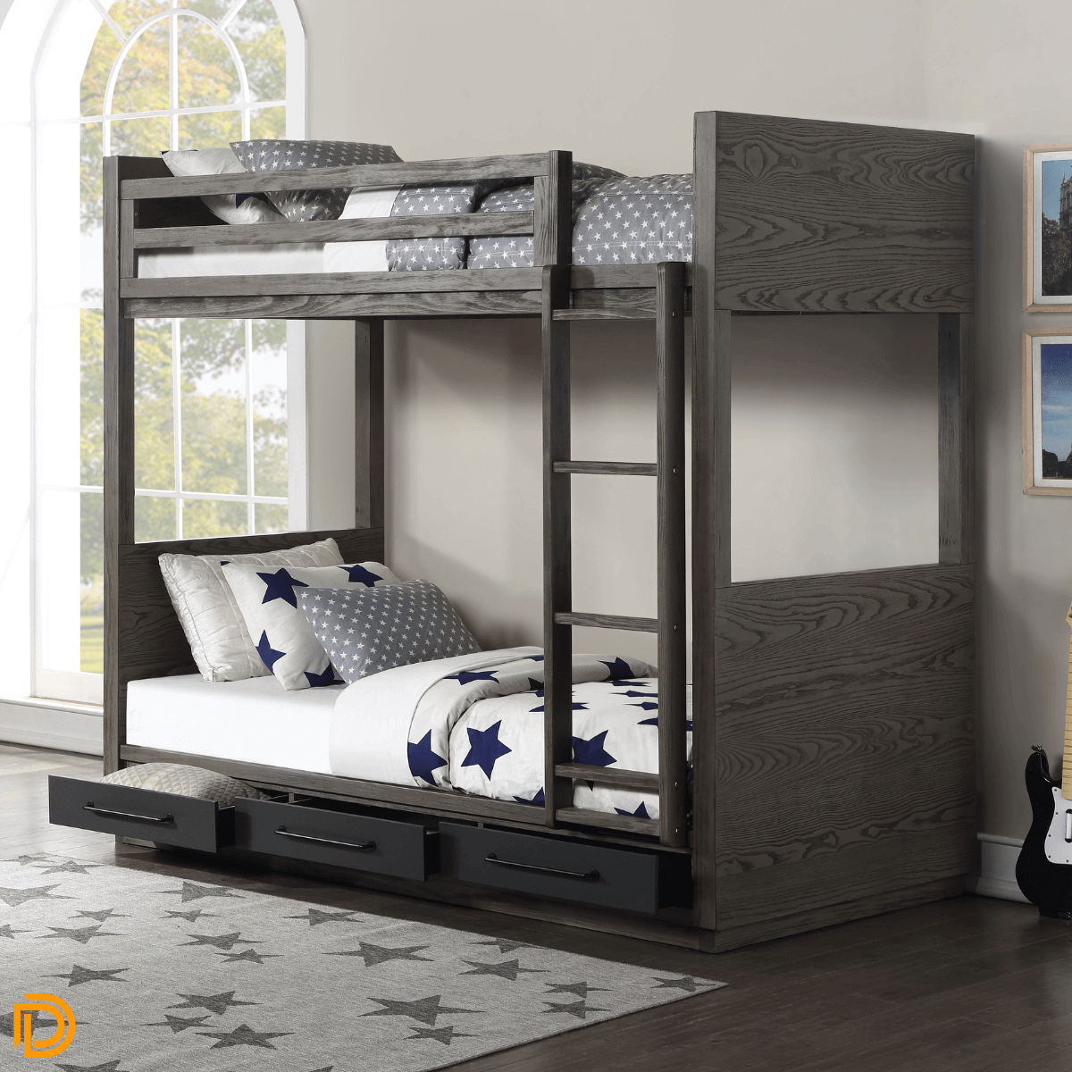 Estevon Twin/Twin Bunk Bed W/ Ladder Gray Oak Finish